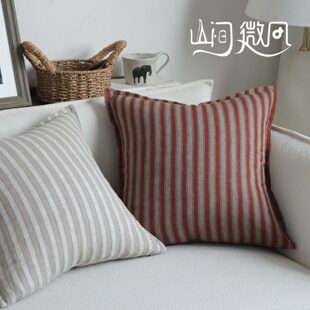 100%亚麻抱枕中古风红色棉麻条纹靠枕复古风客厅软装床头靠垫腰枕