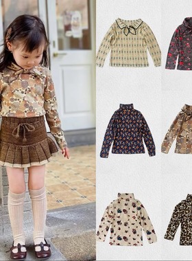 Miyababy MP复古印花领结T恤男女童2025秋冬高端有机棉高领长袖衫