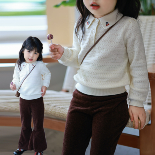 Miyababy 樱桃刺绣针织衫女童2025秋冬韩版精梳棉翻领长袖套头衫