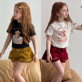 新款 Miya baby卡通蛋糕小熊T恤2件套装 女童夏季 休闲百搭花边短裤