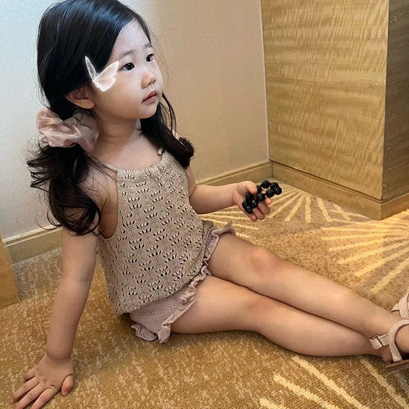 miyababy韩版镂空吊带套装女童夏季手钩挑孔纯棉上衣宝宝花边短裤