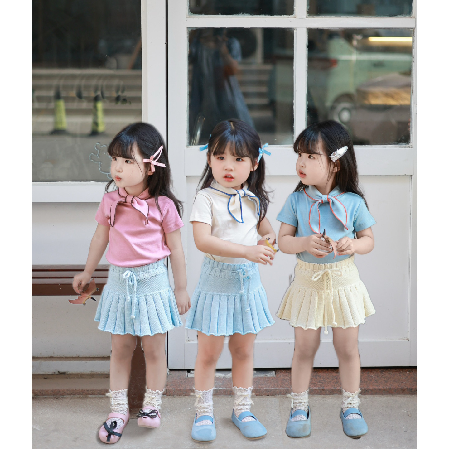 Miya 3色蝴蝶领结短袖套装女童2025夏季新款韩版撞色T恤针织裤裙