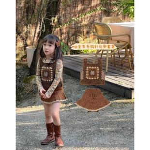 Miya MP全羊毛手织钩针背心女童秋冬复古棕色针织马甲裤裙套装