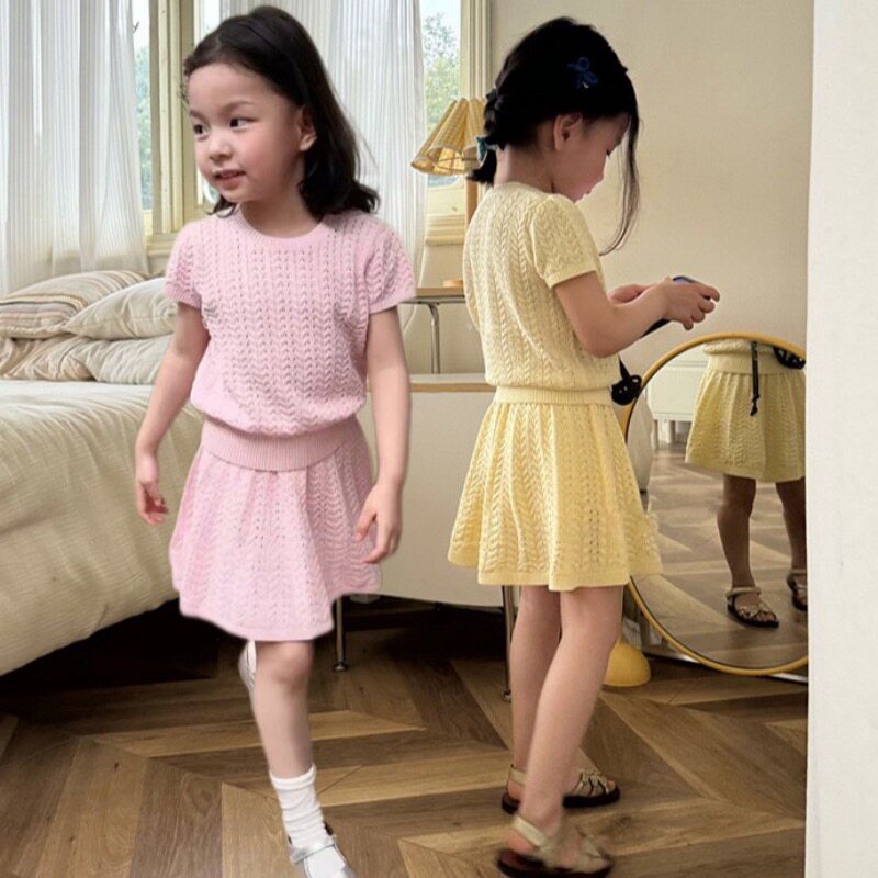miyababy 亚麻棉针织套装女童夏季凉爽麻花简约短袖套头衫半身裙