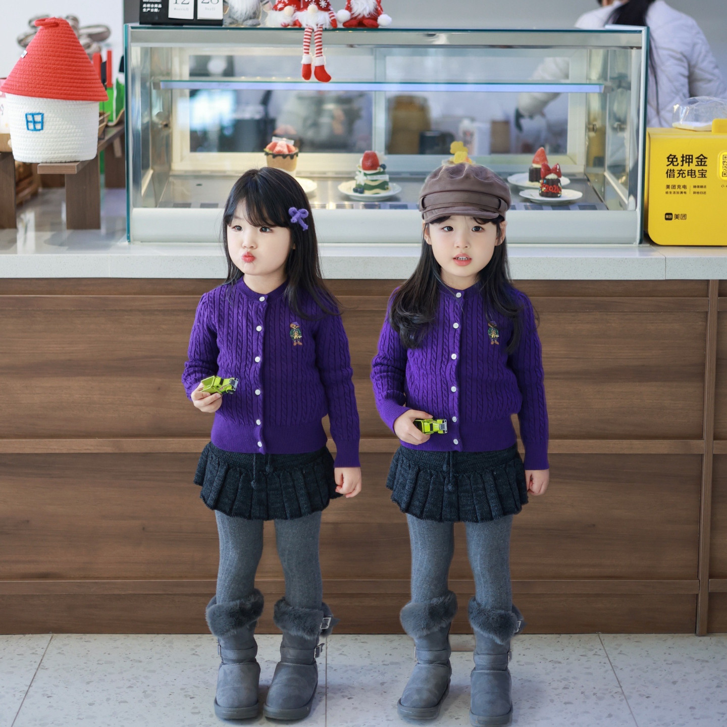 Miyababy 紫色熊仔麻花套装女童2026春季新品长袖针织衫百褶半裙