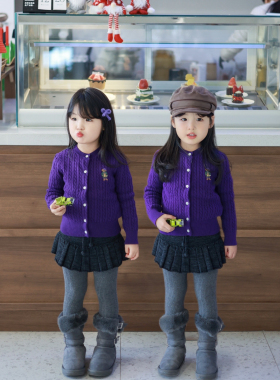 Miyababy 紫色熊仔麻花套装女童2026春季新品长袖针织衫百褶半裙