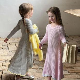 Miya 针织撞色连衣裙女童2025春夏新款韩版长袖麻花针织宝宝长裙