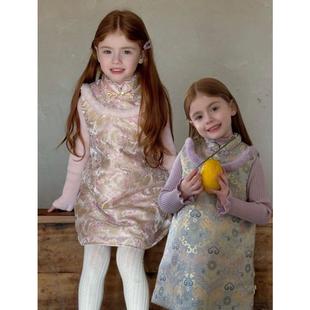 MIya 繁花似锦旗袍裙女童冬加厚夹棉新中式背心裙儿童汉服拜年服