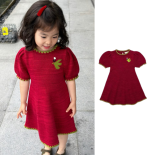 Miya baby复古手绣小鸟针织连衣裙女童2026夏短袖红色拼色针织裙
