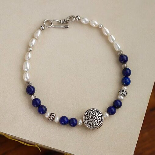 瑾瑜丨软语国风新中式 天然青金石淡水珍珠纯银雕花古典手链礼物