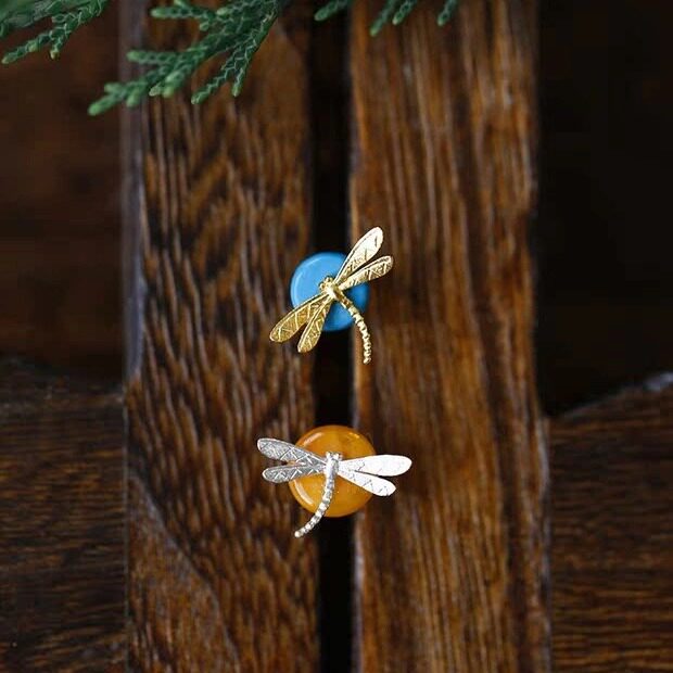 豆娘丨软语原创设计东方美学天然琥珀蜜蜡S925纯银蜻蜓精致耳钉