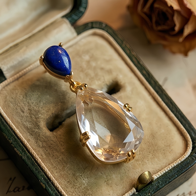 《月映江川》软语设计天然青金石白水晶中式清冷仙气纯银镀金耳坠