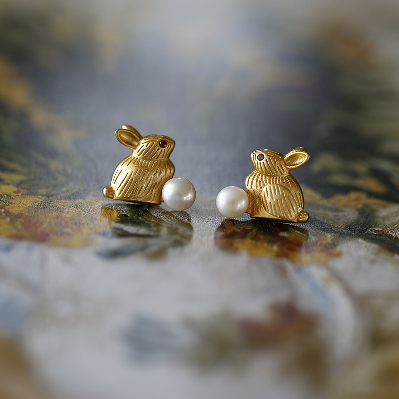 仙宫玉兔丨软语设计东方美学气质天然珍珠S925纯银镀金兔子耳钉