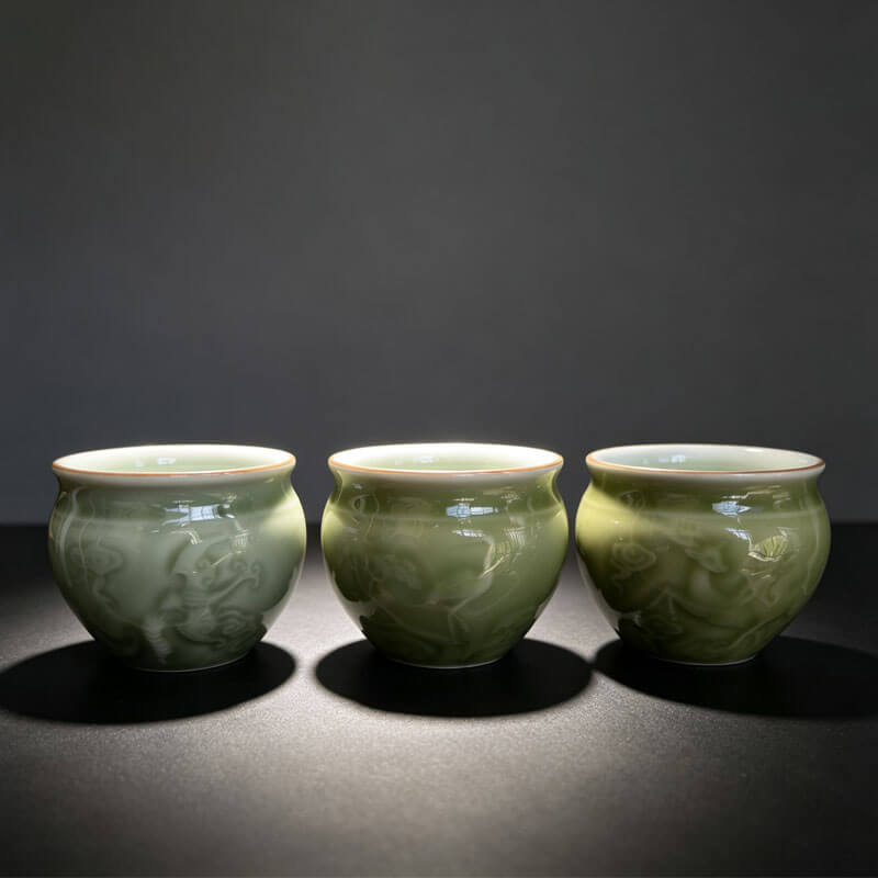 青瓷茶缸大容量主人杯中式浮雕茶盏陶瓷杯子品茶功夫茶具茶杯