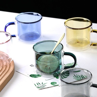 双层彩色玻璃杯咖啡杯高硼硅玻璃茶杯家用水杯马克杯圆形防烫隔热