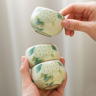 米黄汝窑绣球花茶杯主人杯汝瓷个人单杯陶瓷功夫小茶杯客杯品茗杯