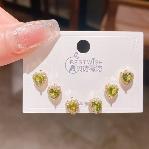 夏季新品清凉绿色锆石耳钉三对装女 银针感简约小耳钉6件套装