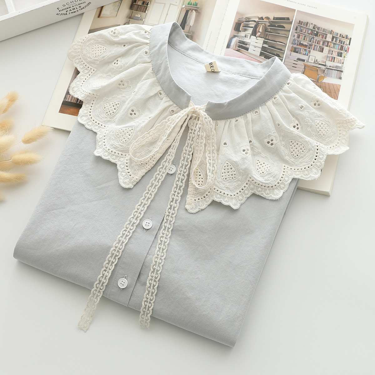 文艺小清新纯棉衬衫女短袖夏季学生学院风洋气蕾丝镂空系带上衣