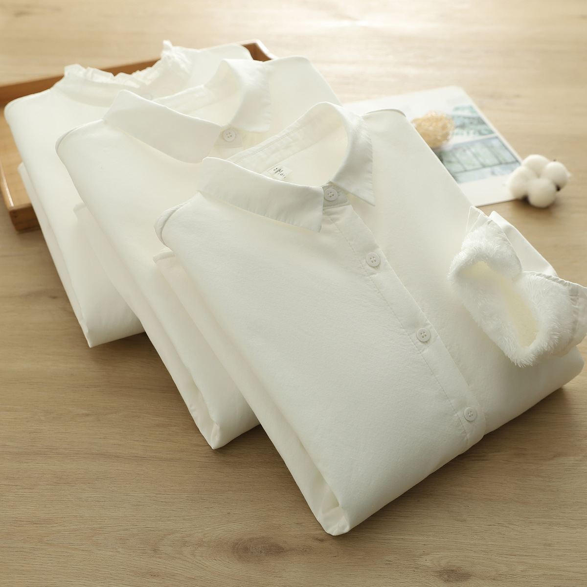 基础款纯棉加绒加厚衬衫女正肩白色衬衣尖领长袖学生打底职业上衣