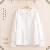 女纯棉打底衬衣 17岁大童初中学生蕾丝花边娃娃领白衬衫