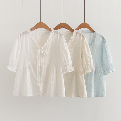 初中高中学生白色短袖衬衫夏季蕾丝宽松甜美小清新泡泡袖上衣大童