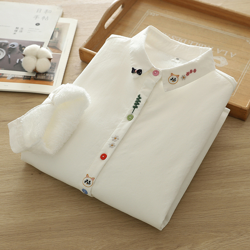 韩版文艺范刺绣可爱猫咪翻领女士开衫保暖白衬衫上衣加绒加厚衬衣