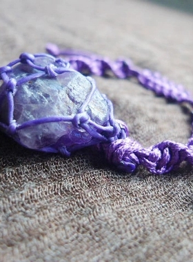 福百瑞珠宝天然墨紫绿萤石水晶原石手编螺旋纹复古美搭蜡绳手链