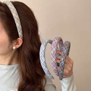 复古格子发箍女宽边高颅顶海绵发箍学院风气质百搭金属扣针织头箍
