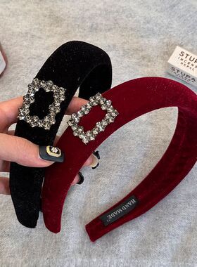 千金氛围方钻黑色丝绒发箍女宽边头饰发卡韩国明星同款高颅顶发箍