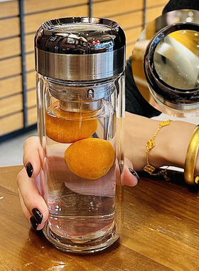 男士高级感泡茶水杯2025新款双层高硼硅玻璃杯耐高温便携小巧杯子