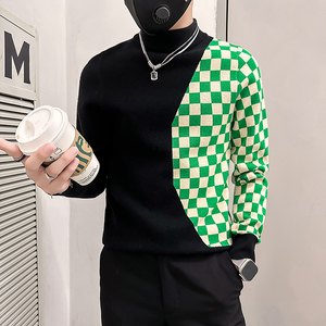 社会小伙毛衣男半高领修身棋盘格拼色针织衫B323-M48-P78控108图片