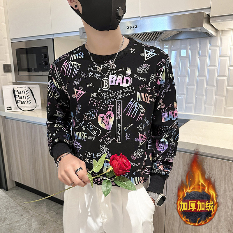 社会小伙卫衣男圆领印花加绒加厚外套B323-WY18R-常规P58加绒P68,女装短外套,星座301C（原B323）