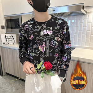 社会小伙卫衣男圆领印花加绒加厚外套B323-WY18R-常规P58加绒P68图片