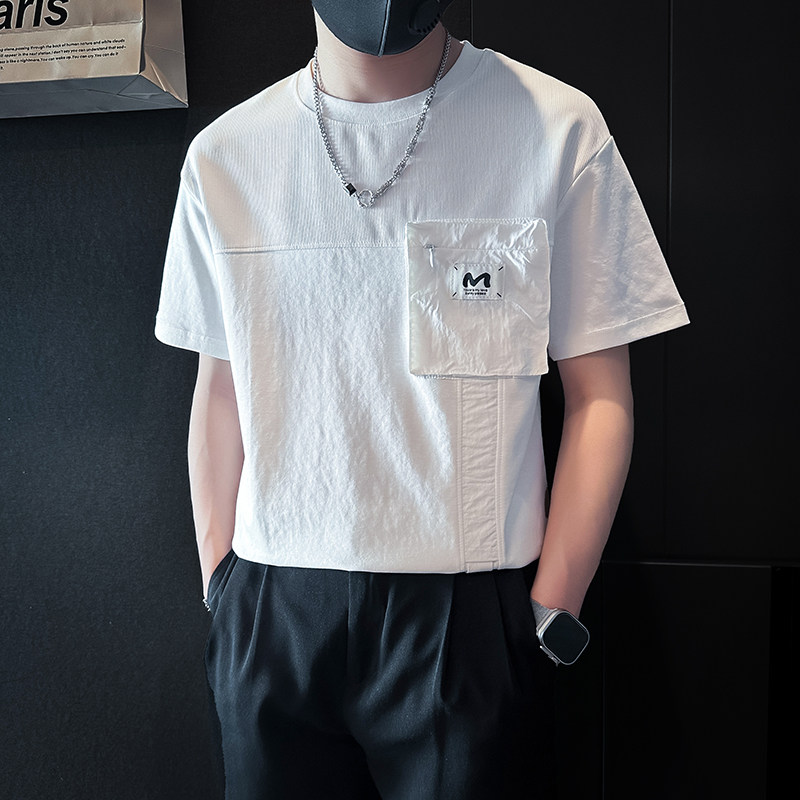 短袖T恤男拼接织带社会小伙店主风男生高级感痞帅B323-DT53-P58,男装T恤,星座301C（原B323）