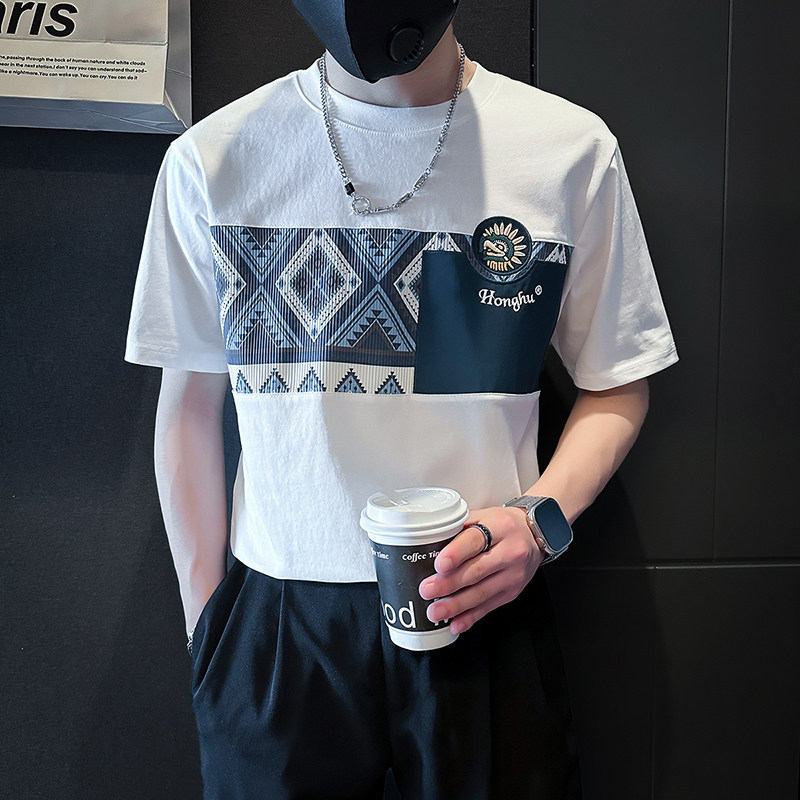 撞色男士短袖t恤拼接刺绣社会小伙店主风夏季半袖B323-DT55-P58,男装T恤,星座301C（原B323）