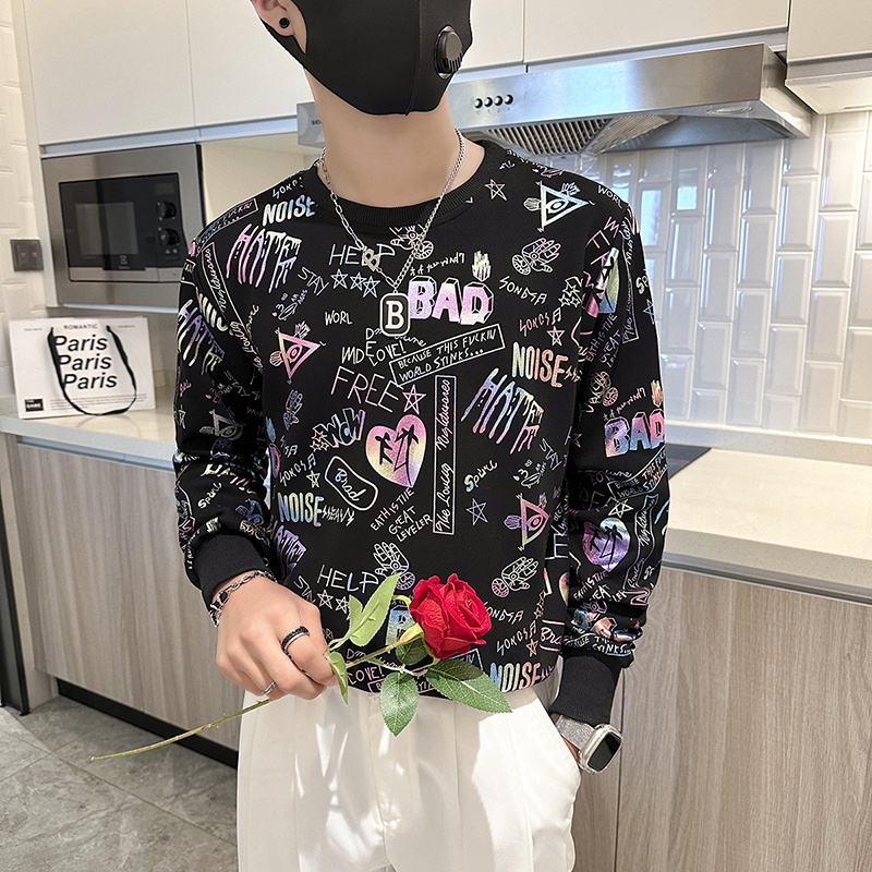 社会小伙卫衣男圆领潮牌个性印花春秋款外套长袖t恤B323/WY18/P58，男装T恤，星座301C（原B323）