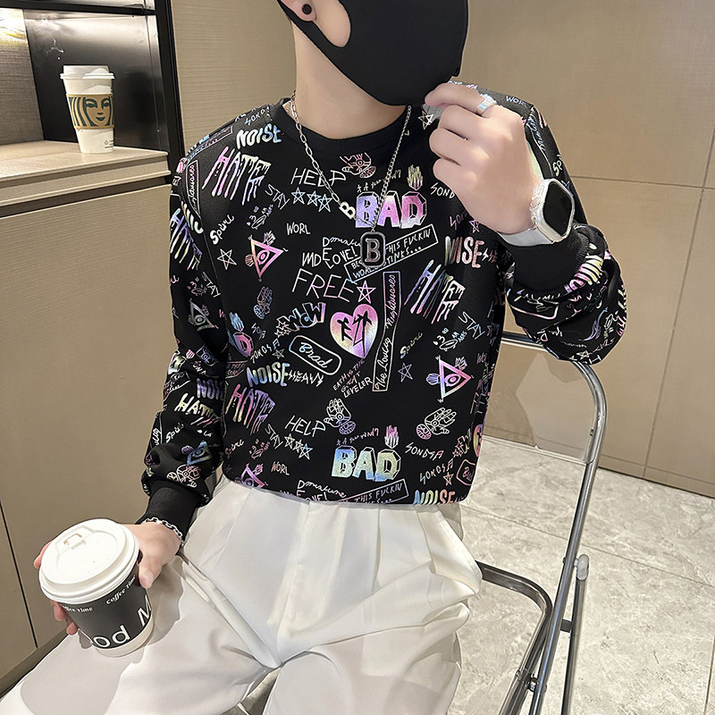 社会小伙卫衣男圆领潮牌个性印花春秋款外套长袖t恤B323/WY18/P58,男装T恤,星座301C（原B323）