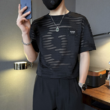 潮男痞帅破洞男士短袖t恤修身社会小伙店主风B323-DT38-P48控68，男装T恤，星座301C（原B323）