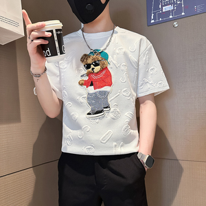B323-DT66-P48控68社会小伙短袖T恤男店主风小熊刺绣潮流半袖衣服图片