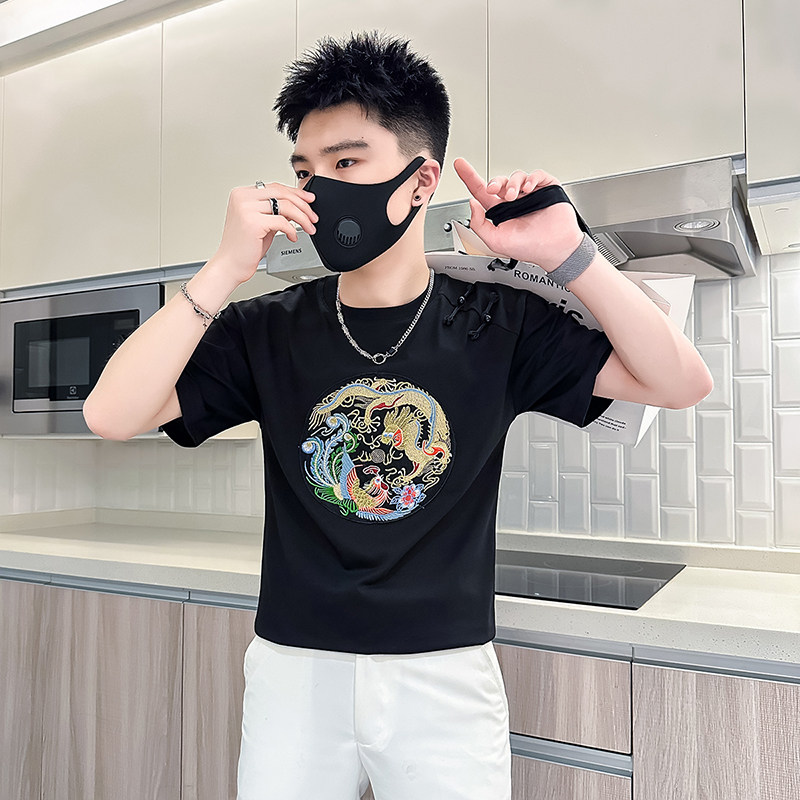 B323-DT67A-特P48控68风短袖T恤男刺绣盘扣设计感社会小伙图片
