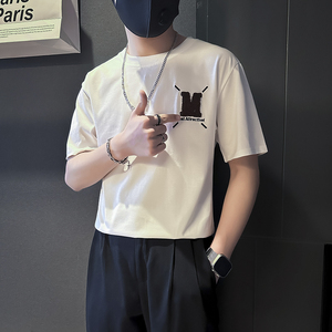 高级感毛巾绣短袖t恤男潮流时尚社会小伙店主风B323-DT42-P48控68,工装背带裤搭配什么短袖上衣图片