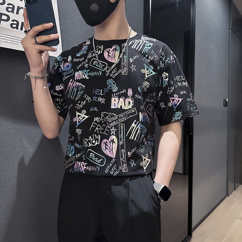 高级感印花短袖T恤男潮流百搭社会小伙店主风B323-DT44-P48控68图片