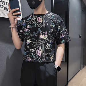 高级感印花短袖T恤男潮流百搭社会小伙店主风B323-DT44-P48控68图片