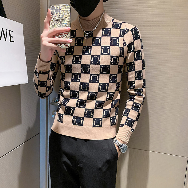 社会小伙半高领毛衣男格子潮牌ins痞帅炸街秋冬款三色M19-P68,男装针织衫/毛衣,星座301C（原B323）