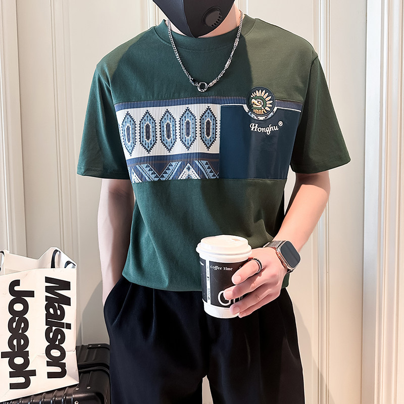 撞色男士短袖t恤拼接刺绣社会小伙店主风夏季半袖B323-DT55-P58,男装T恤,星座301C（原B323）