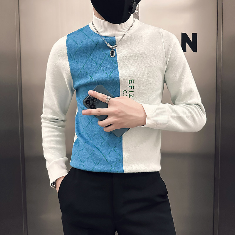 社会小伙毛衣男半高领中领修身拼色加厚针织衫B323-M46-P78控108图片