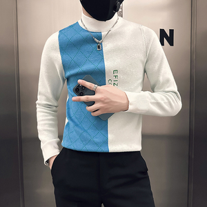 社会小伙毛衣男半高领中领修身拼色加厚针织衫B323-M46-P78控108图片