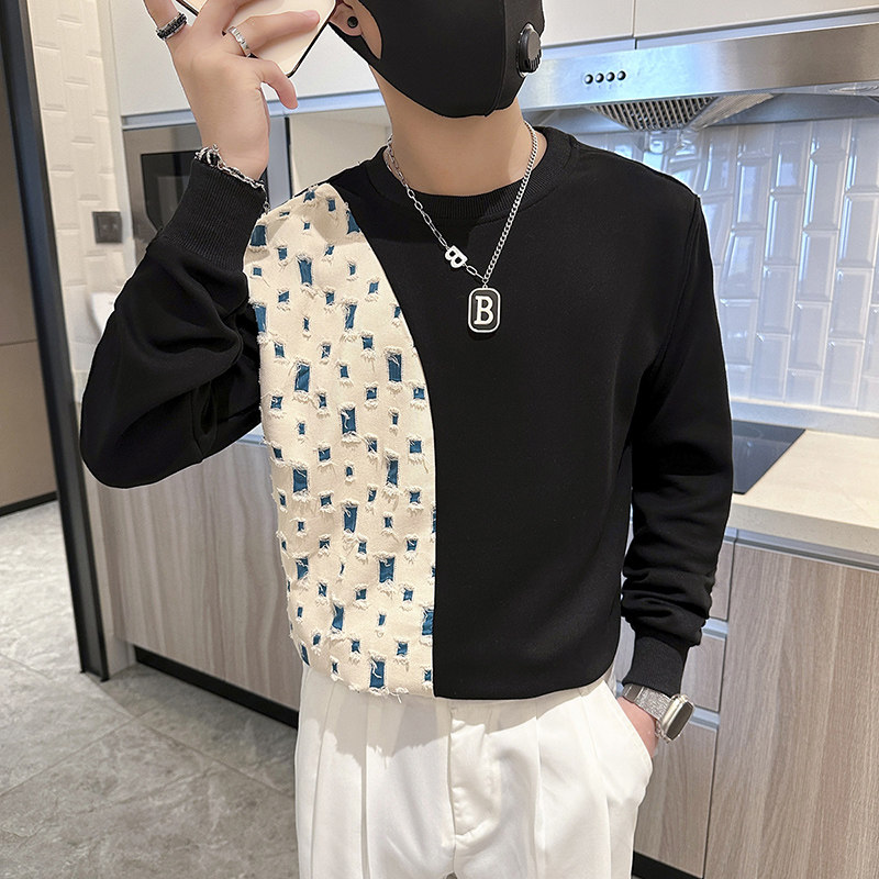社会小伙卫衣外套男潮牌破洞格子拼接设计感长袖B323/WY22/P58图片