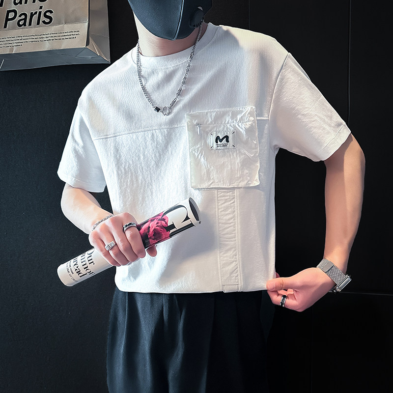 短袖T恤男拼接织带社会小伙店主风男生高级感痞帅B323-DT53-P58,男装T恤,星座301C（原B323）