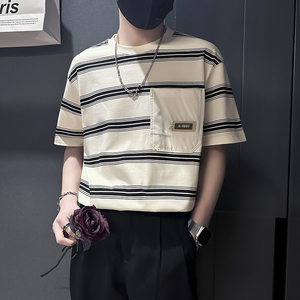 夏季条纹T恤男宽松高级痞帅社会小伙店主风B323-DT45-特P58控78图片